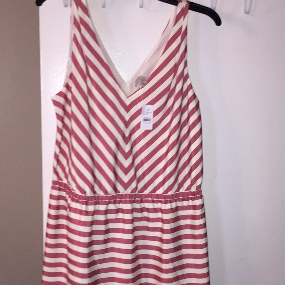Loft V Neck Rust & Cream Striped Dress/Size Large